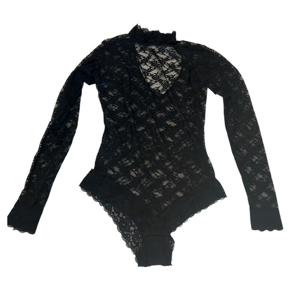 H&M black lace long sleeve bodysuit mock neck back cut out - Picture 1 of 12
